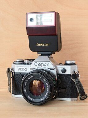 Vintage Canon AE-1 35mm SLR Film Camera 50mm Lens Canon Speedlite Flash Tested
